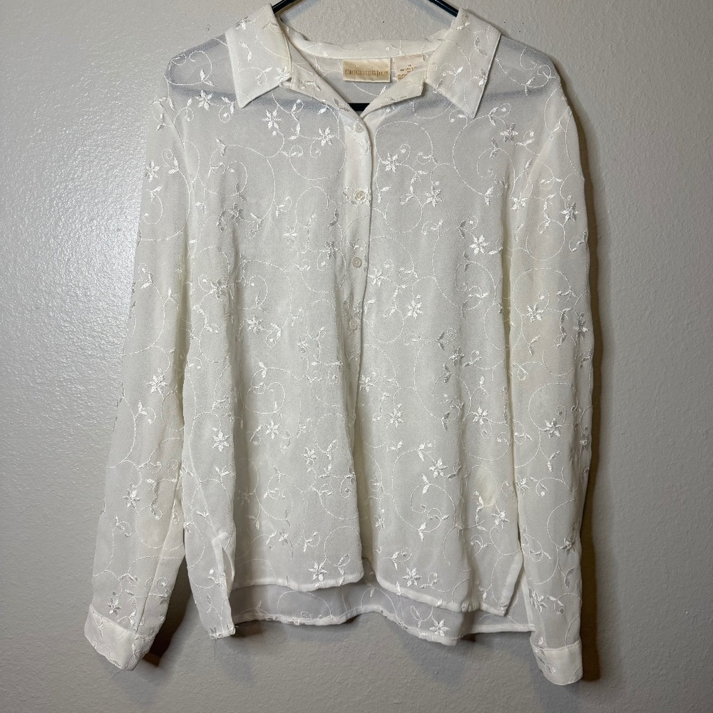 Christie & Jill Vintage Sheer White Floral Embroidered Button Up Shirt